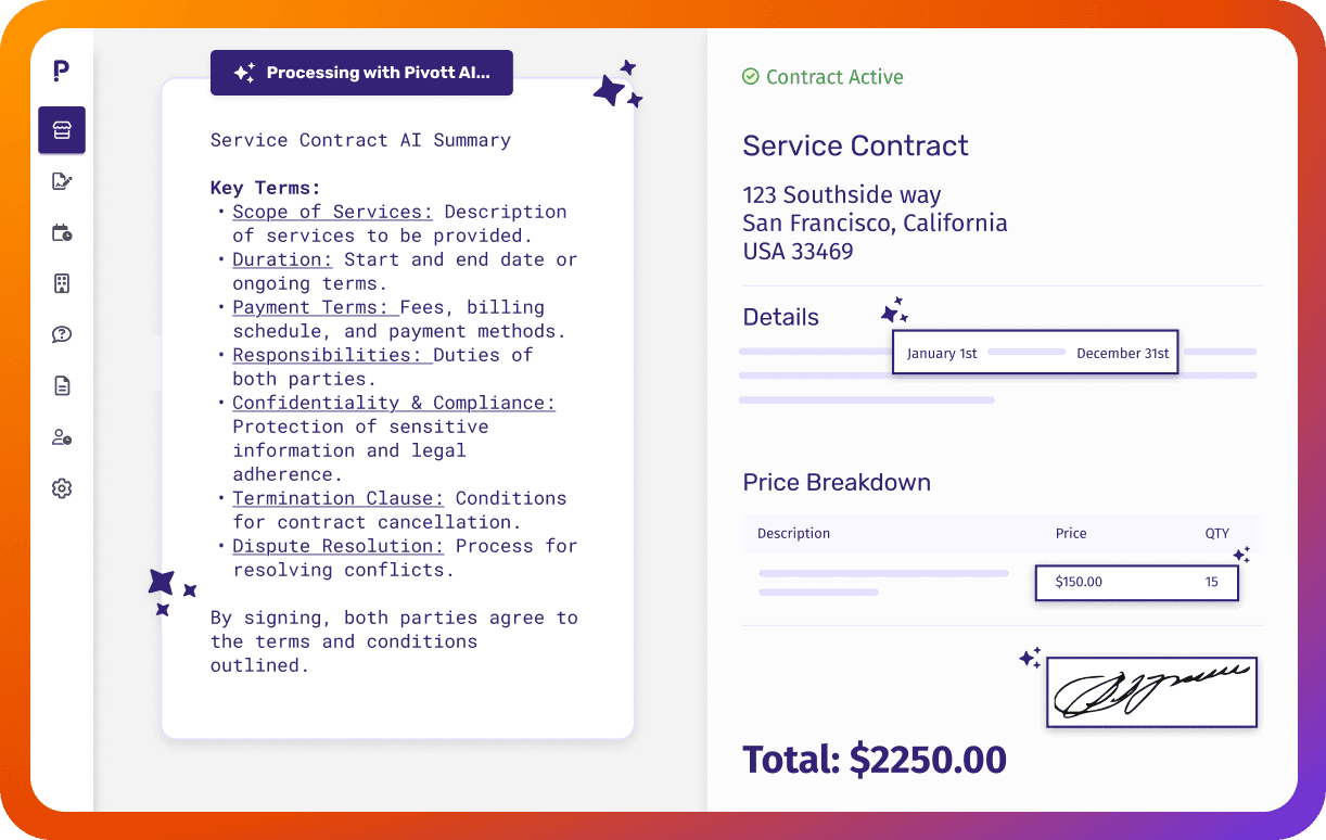 Pivott AI reviewing a contract and surfacing extracted dates, terms, and spend