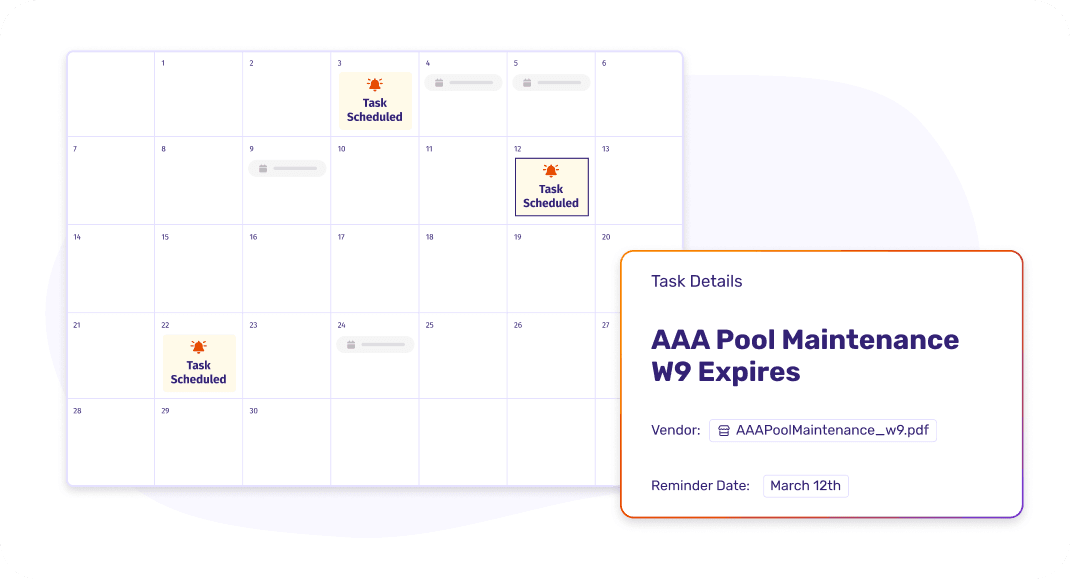 Compliance dashboard or alert listing vendors and properties with documents nearing expiry