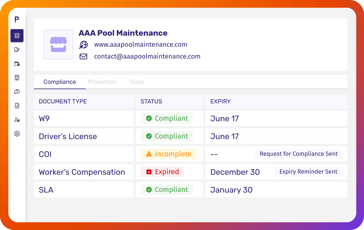 Vendor compliance dashboard tracking COIs, permits, and required documents by property