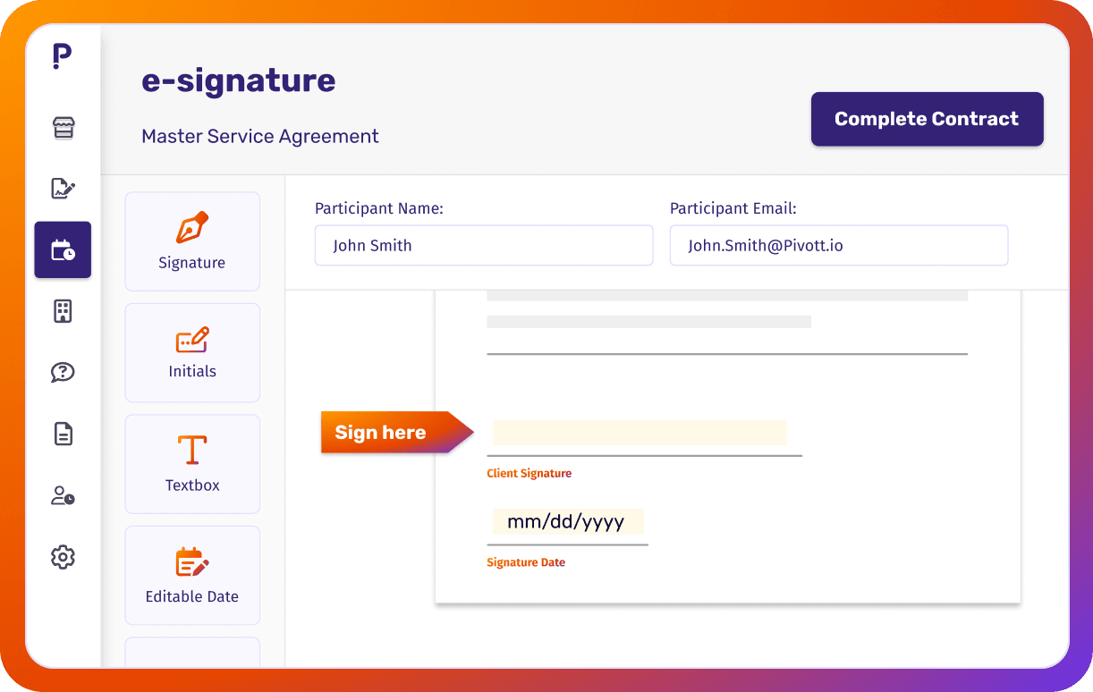 Signature request workflow showing document fields, signers, and send-for-signature controls