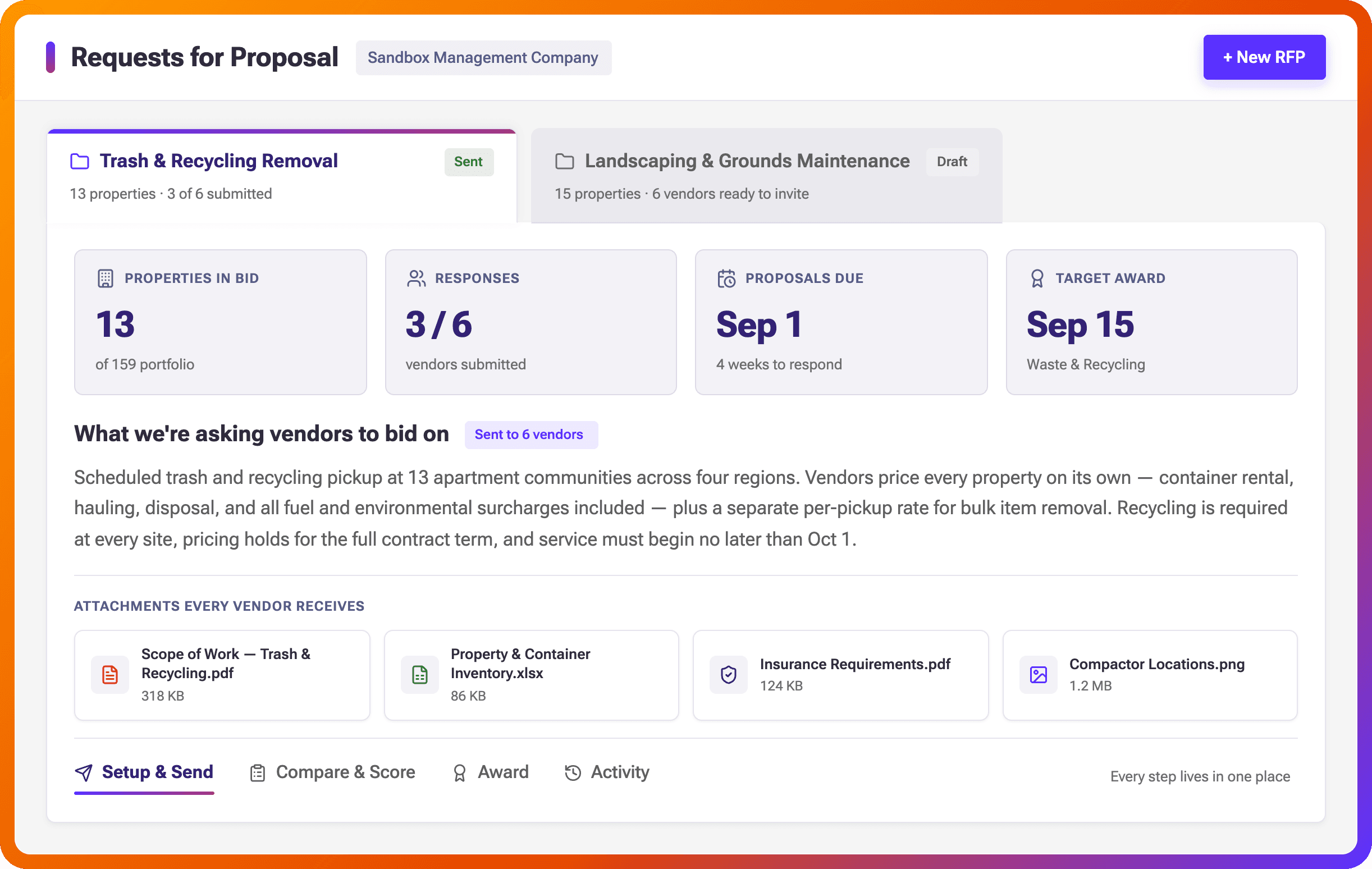 RFP overview for Trash & Recycling Removal showing property and response metrics, scope summary, vendor attachments, and Setup & Send workflow steps