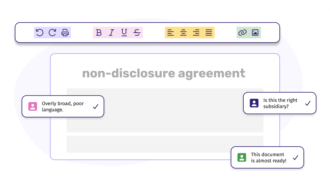 Contract editor with formatting toolbar and in-document redline and comment controls