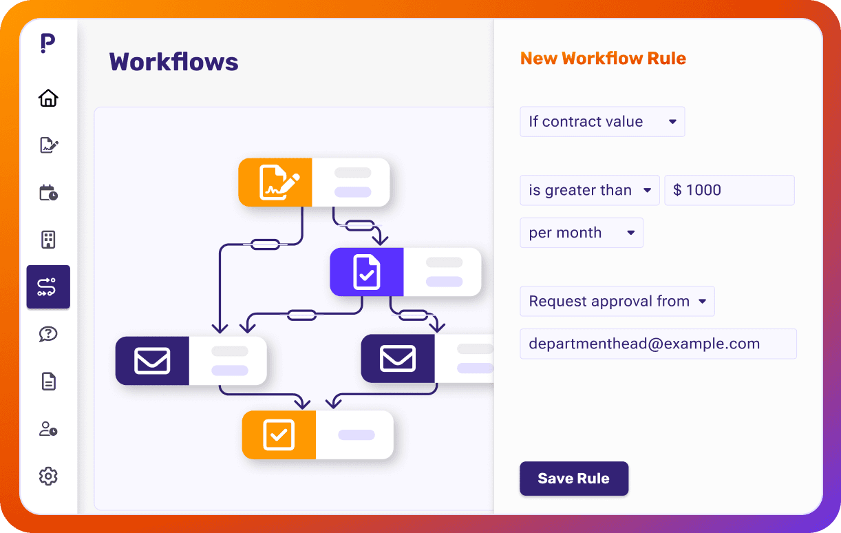 Approval workflows interface showing routing, outcomes, and status tracking