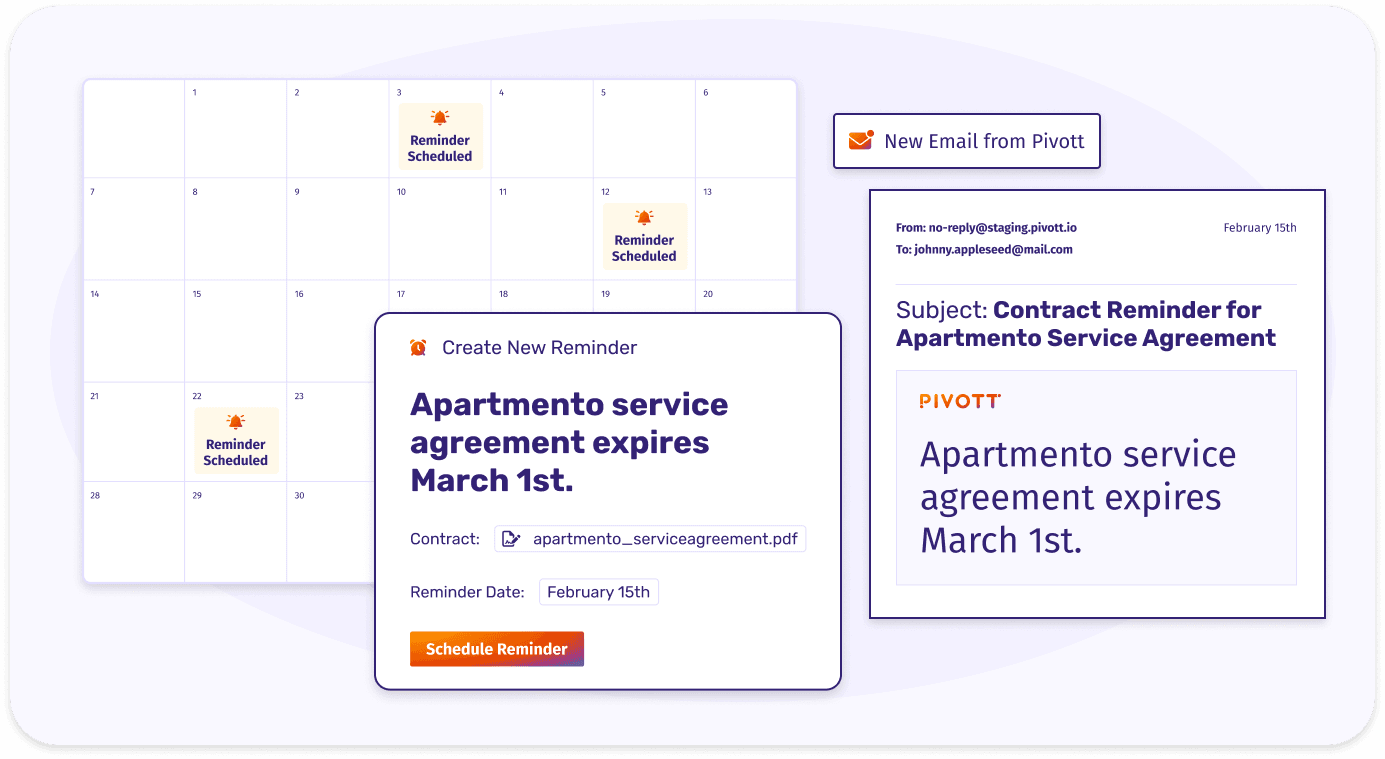 Renewals view with upcoming deadlines and reminder settings for contracts
