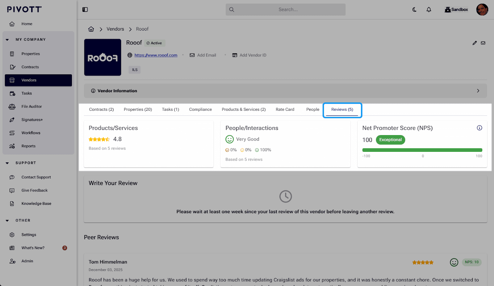 Vendor Reviews overview showing aggregated vendor feedback in Pivott
