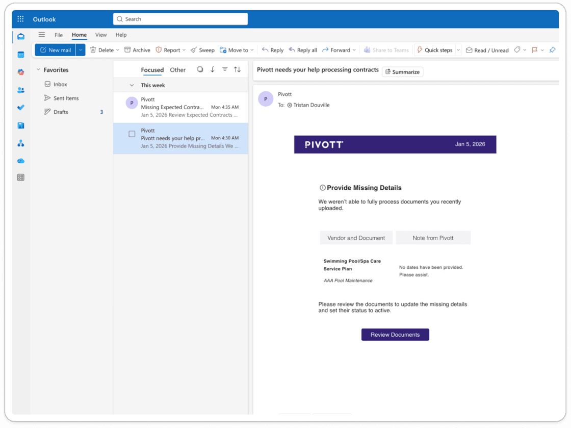 Attention Needed email showing contracts waiting on user input