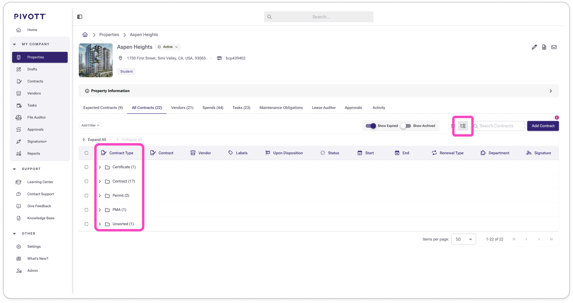 Property All Contracts list in Grouped View with collapsible Contract Type sections for Certificate, Contract, Permit, and PMA