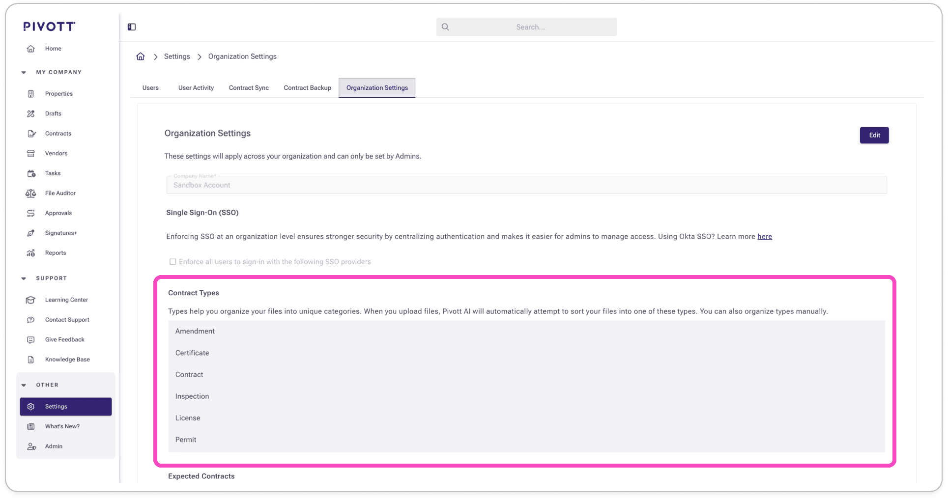 Organization Settings showing the Contract Types list with categories like Certificate, Contract, Inspection, License, and Permit
