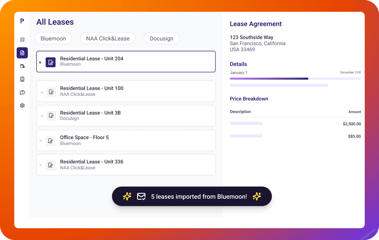 Pivott connected to Blue Moon, NAA Click&Lease, and DocuSign with a lease agreement