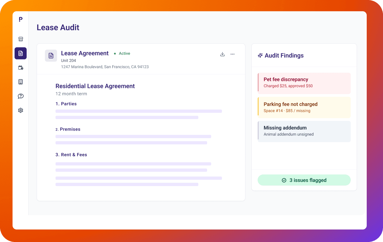 Lease Audit screen showing a lease agreement alongside flagged audit findings
