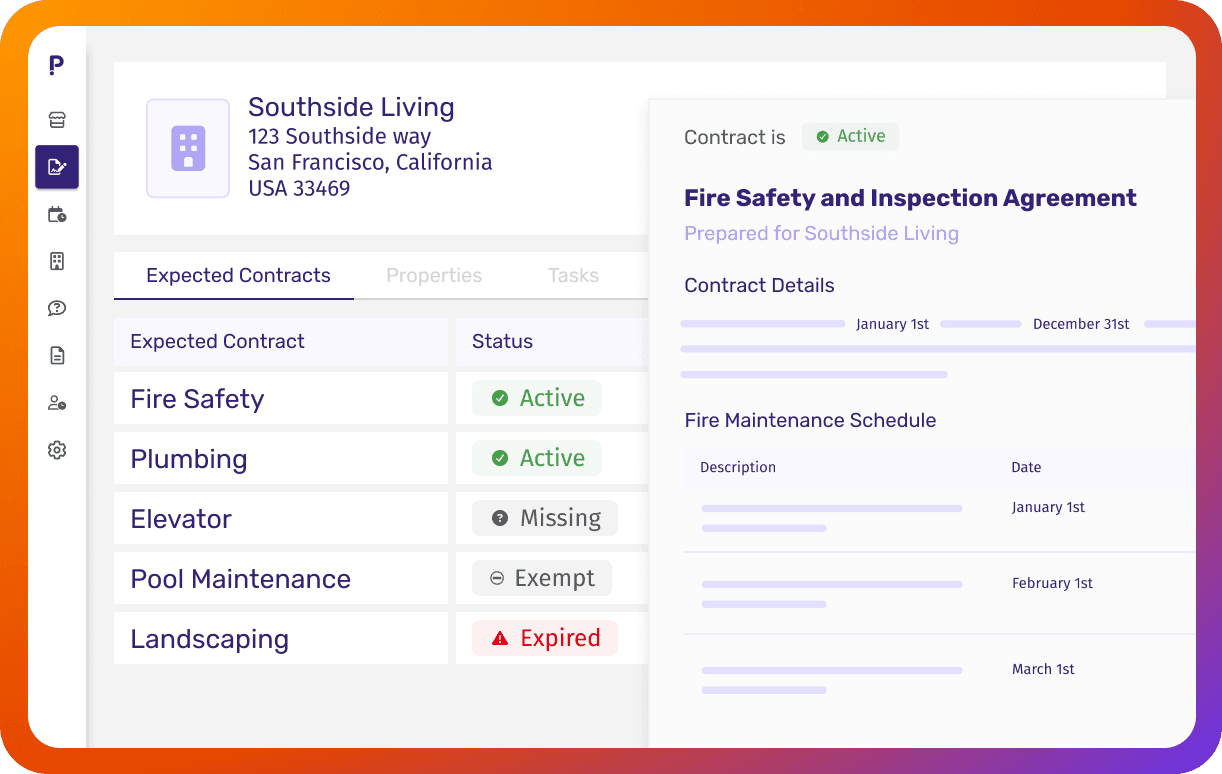 Expected Contracts checklist showing required contract categories and coverage gaps by property