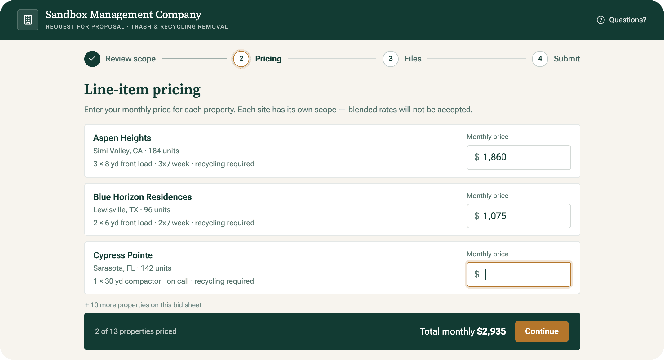 Vendor proposal form with line-item pricing fields for each property, a progress stepper through Review scope and Pricing, and a running monthly total